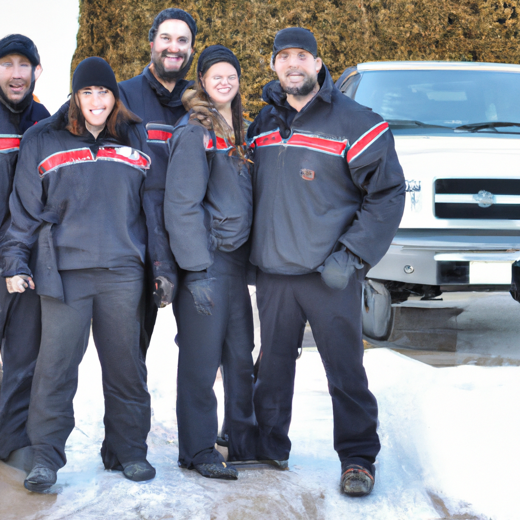 Canadian chimney technicians in winter uniforms smiling in front of a branded service van with a snowy background